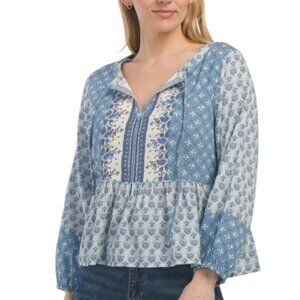 NWT LUCKY BRAND Boho Blue Mix Floral Print Cotton Peasant Long Sleeves Top